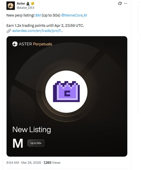Aster DEX 上市图片显示 MemeCore（$M）提供永续交易支持，最高杠杆可达 50 倍。