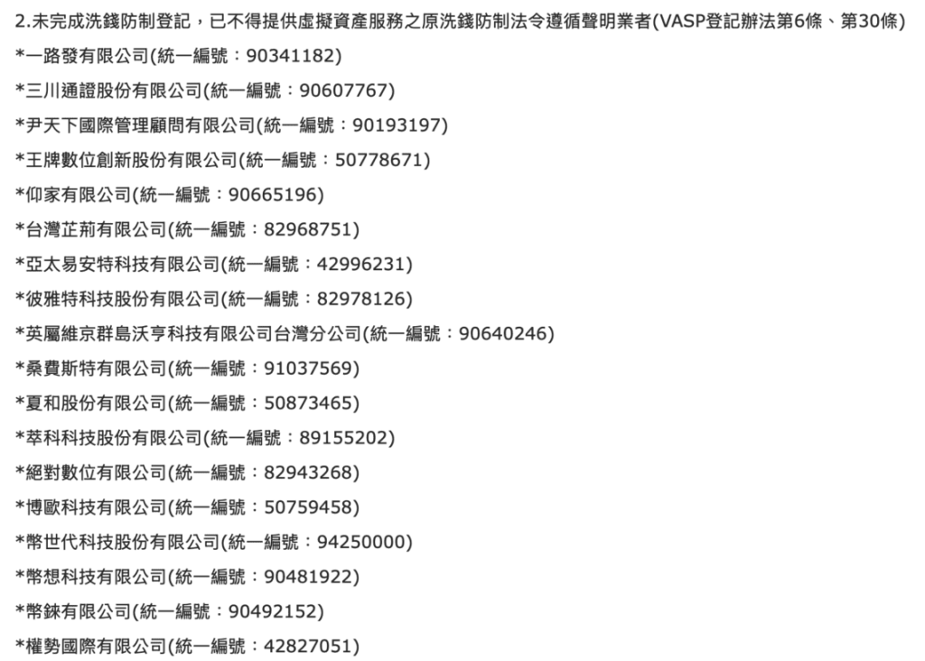 台湾未完成洗钱防制登记的虚拟资产业者名单（示例）