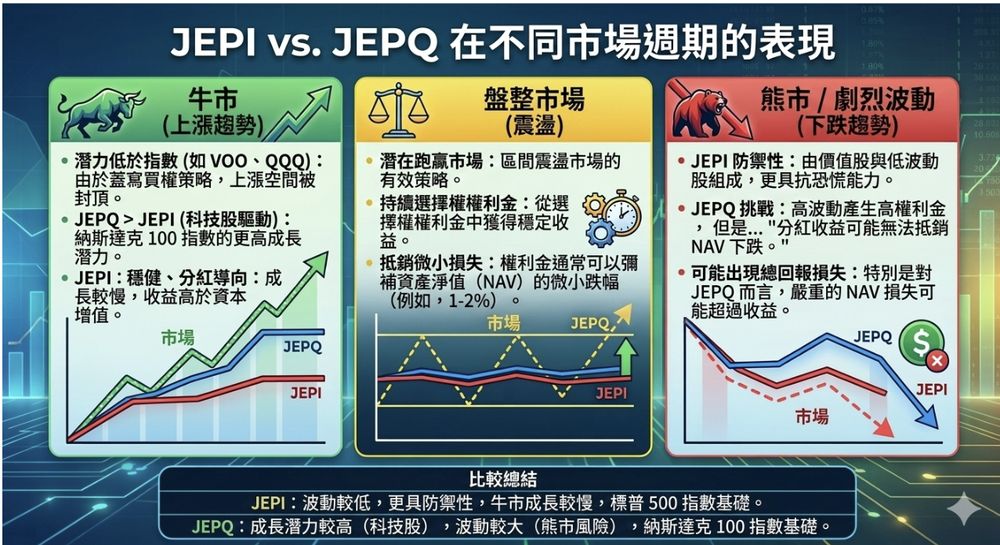 JEPI 与 JEPQ 报酬表现比较：牛市与震荡市的差异