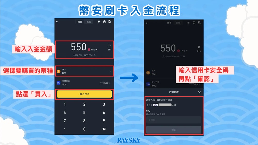币安刷卡入金步骤二：选择要买的币种以及入金金额